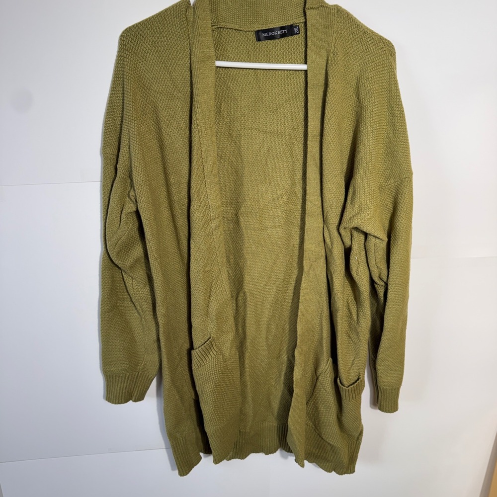 MEROKEETY Cardigan Sweater Womens 2XL Green Open Front Long Sleeve Pockets Boho
